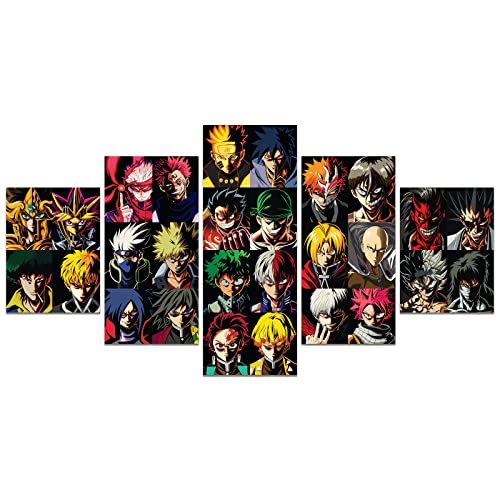 Anime Poster 5 Piece Canvas Wall Art Luffy Lzuku Tanjirou Print Painting Picture Artwork for Home Room Decoration Boy Gift 60x32inch (Unframed, ANIME-01)