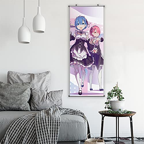 CosInStyle Anime Scroll Poster for Rem & for Ram - Fabric Prints 100 cm x 40 cm | Premium and Artistic Anime Theme Gift | Japanese Manga Hanging Wall Art Room Decor