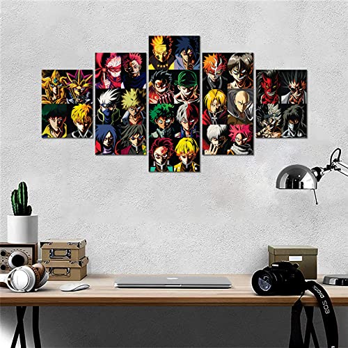 Anime Poster 5 Piece Canvas Wall Art Luffy Lzuku Tanjirou Print Painting Picture Artwork for Home Room Decoration Boy Gift 60x32inch (Unframed, ANIME-01)