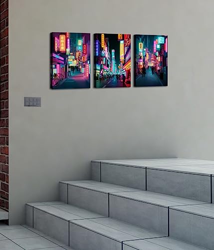 Anime Posters Japanese Wall Art Framed 3 Pieces Tokyo Neon Streets Night Japan City Wall Decor Poster for Living Room Bedroom Bathroom Japanese Room Decor Stretched Ready to Hang