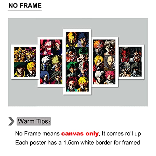 Anime Poster 5 Piece Canvas Wall Art Luffy Lzuku Tanjirou Print Painting Picture Artwork for Home Room Decoration Boy Gift 60x32inch (Unframed, ANIME-01)