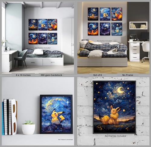 akyzag design, Classic Anime Wall Art Poster – Set of 6 (8 x 10 inch) Van Gogh Starry Night Styke Anime Posters, Wall Art for Anime Lovers Room Bedroom Dorm, Anime Room Decor for Boys Girls Kids