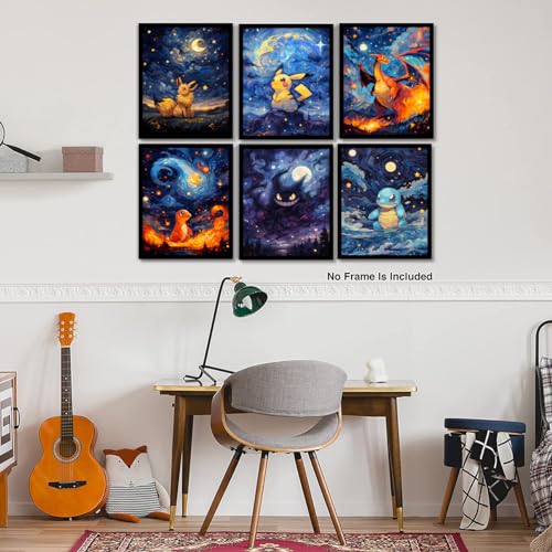 akyzag design, Classic Anime Wall Art Poster – Set of 6 (8 x 10 inch) Van Gogh Starry Night Styke Anime Posters, Wall Art for Anime Lovers Room Bedroom Dorm, Anime Room Decor for Boys Girls Kids