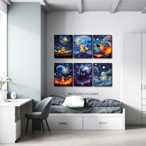akyzag design, Classic Anime Wall Art Poster – Set of 6 (8 x 10 inch) Van Gogh Starry Night Styke Anime Posters, Wall Art for Anime Lovers Room Bedroom Dorm, Anime Room Decor for Boys Girls Kids