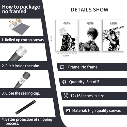 Hannahcos 3 Piece Japanese Anime Poster, Canvas Wall Art, Manga Art Kinji Hakari Print Painting for Room Decor Anime Artwork Fan Gift 12x16in Unframed