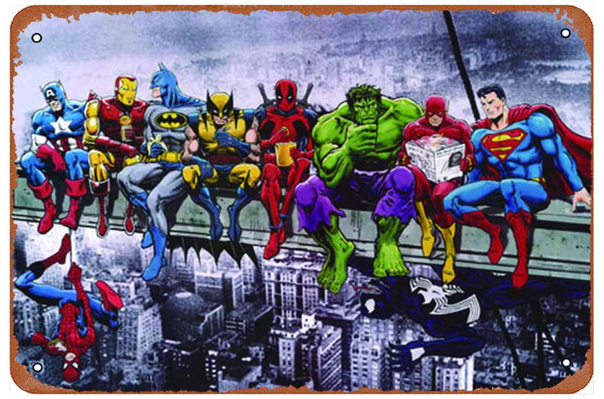 Superheroes Lunch Atop A Skyscraper Funny Art Metal Tin Sign 8x12 inch Bar Pub Indoor Outdoor Wall Decor Gifts for Man