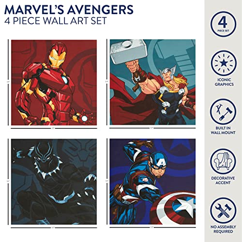 Idea Nuova Marvel Avengers Canvas 4 Pack Wall Art Set,Childrens Wall Hanging Décor,Each Piece 11"x11"