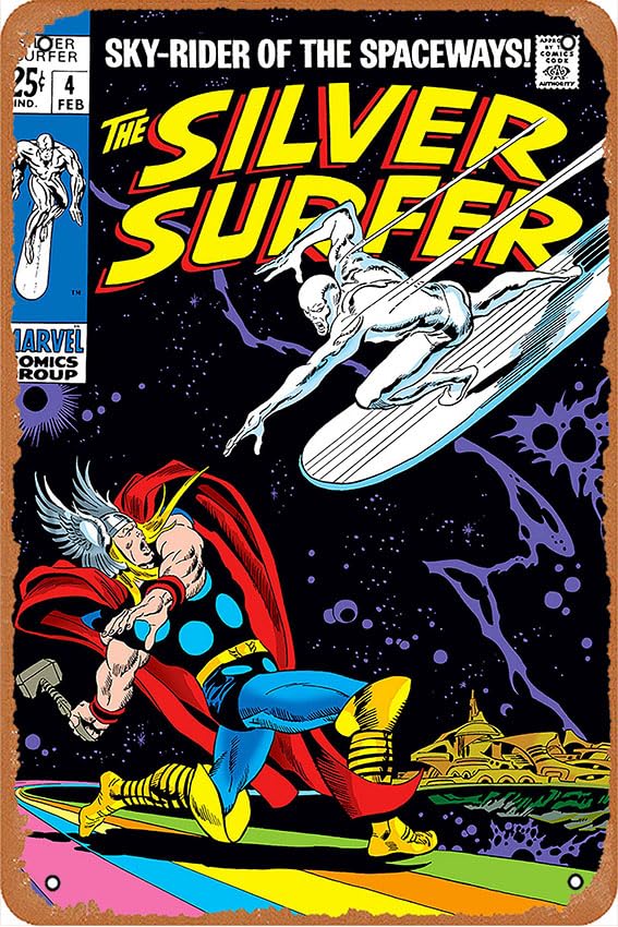 Vintage Tin Signs The Silver Surfer Issue 4 Thor Comic Book Poster Metal Signs Poster Wall Decor Design for Cafes Bar Pub Beer Club Wall Home Decor 8x12inch