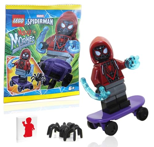 LEGO Marvel Superheroes Spider-Man Across The Spider-Verse Minifigure - Miles Morales Minifigure with Skateboard, Spider, Cool Web Blasts, and Minifigureland Tile 76178