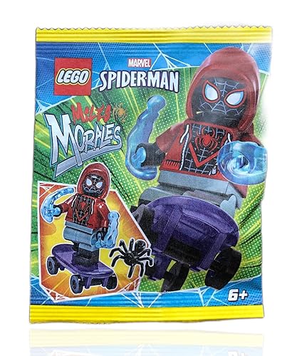 LEGO Marvel Superheroes Spider-Man Across The Spider-Verse Minifigure - Miles Morales Minifigure with Skateboard, Spider, Cool Web Blasts, and Minifigureland Tile 76178
