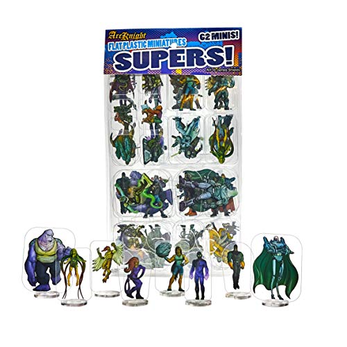 Arcknight Flat Plastic Miniatures: Supers!; 62 Unique Superhero-Themed Minis for Starfinder; Affordable, Skinny Figurines for SF, Shadowrun, and Other Tabletop RPG Games