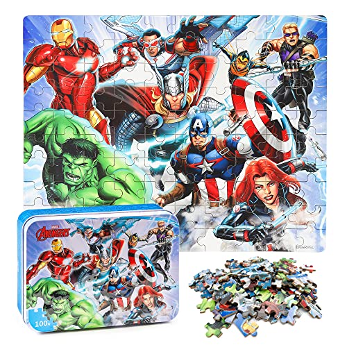 LELEMON 100 Pieces Disney Avengers Jigsaw Puzzles for Kids Ages 4-8 Superhero Puzzles Boys Girls Children Learning Educational Puzzles Portable Box Pack Toy