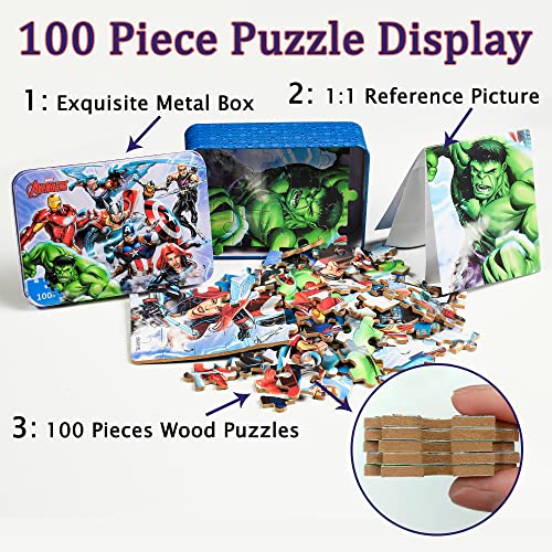 LELEMON 100 Pieces Disney Avengers Jigsaw Puzzles for Kids Ages 4-8 Superhero Puzzles Boys Girls Children Learning Educational Puzzles Portable Box Pack Toy
