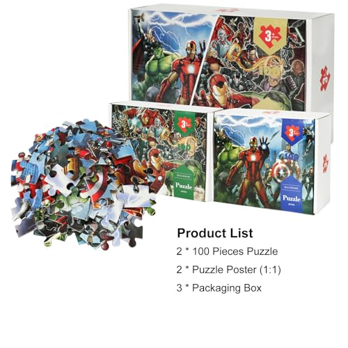 Avengers 100 Piece Puzzles for Kids Ages 4-8, 2 Pack Superhero for Disney Jigsaw Puzzle,16.2 x 10.6 Inch