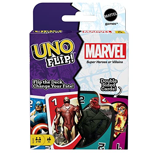 Mattel Games UNO Flip! Marvel Card Game for Kids, Adults & Family Night with Double-Sided Cards, Heroes vs. Villains