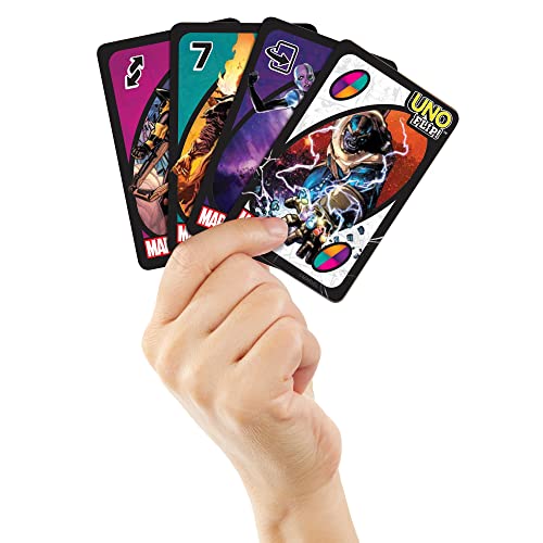 Mattel Games ​UNO Flip! Marvel Card Game for Kids, Adults & Family Night with Double-Sided Cards, Heroes vs. Villains