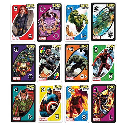 Mattel Games ​UNO Flip! Marvel Card Game for Kids, Adults & Family Night with Double-Sided Cards, Heroes vs. Villains