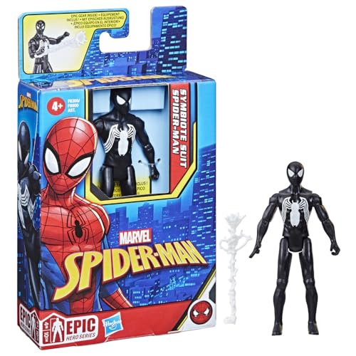 Marvel Epic Hero Series Symbiote Suit Spider-Man Action Figure, 4-Inch Toy with Accessory, Kids Ages 4 and Up, Medium