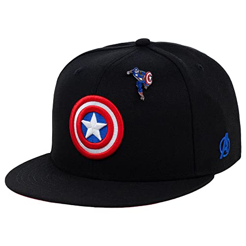 Marvel Captain America Fashion Fitted w/Pin Flat Bill Cap (Black/Red, 7 3/8)