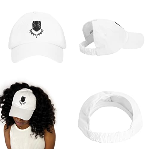 CurlCap Marvel Black Panther Natural Hair Backless Cap – Satin Lined Baseball Dad Hat for Women - White