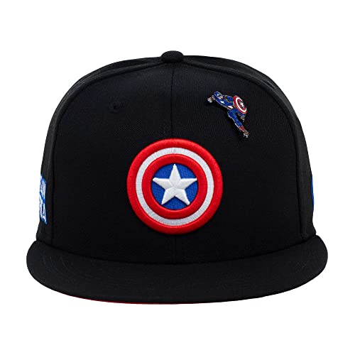Marvel Captain America Fashion Fitted w/Pin Flat Bill Cap (Black/Red, 7 3/8)