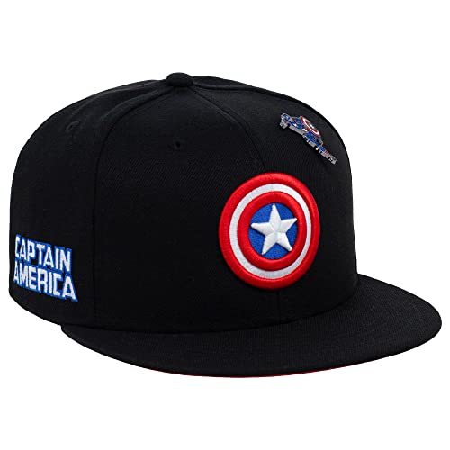 Marvel Captain America Fashion Fitted w/Pin Flat Bill Cap (Black/Red, 7 3/8)