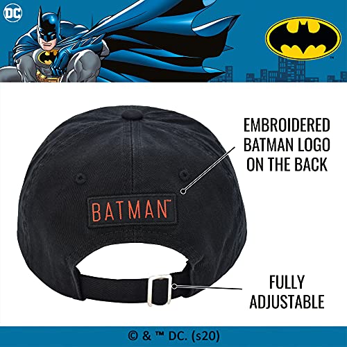 Concept One DC Comics Batman Embroidered Red Logo Cotton Adjustable Baseball Hat with Curved Brim, Black, One Size