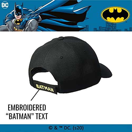 Concept One DC Comics Batman Baseball Hat, Embroidered Logo Adjustable Cap with Curved Brim, Black, One Size