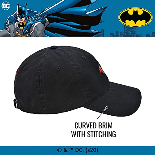 Concept One DC Comics Batman Embroidered Red Logo Cotton Adjustable Baseball Hat with Curved Brim, Black, One Size