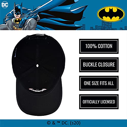 Concept One DC Comics Batman Embroidered Red Logo Cotton Adjustable Baseball Hat with Curved Brim, Black, One Size