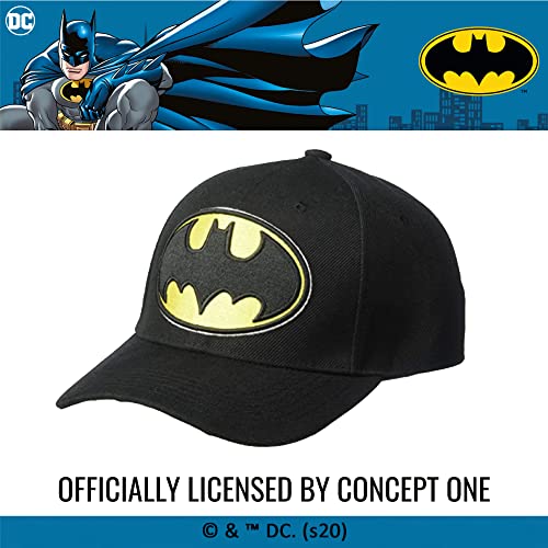 Concept One DC Comics Batman Baseball Hat, Embroidered Logo Adjustable Cap with Curved Brim, Black, One Size
