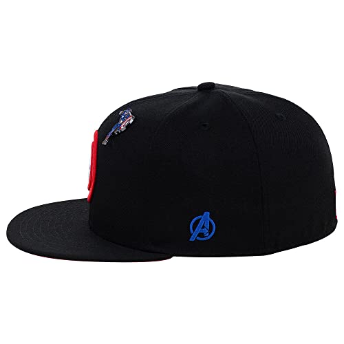 Marvel Captain America Fashion Fitted w/Pin Flat Bill Cap (Black/Red, 7 3/8)
