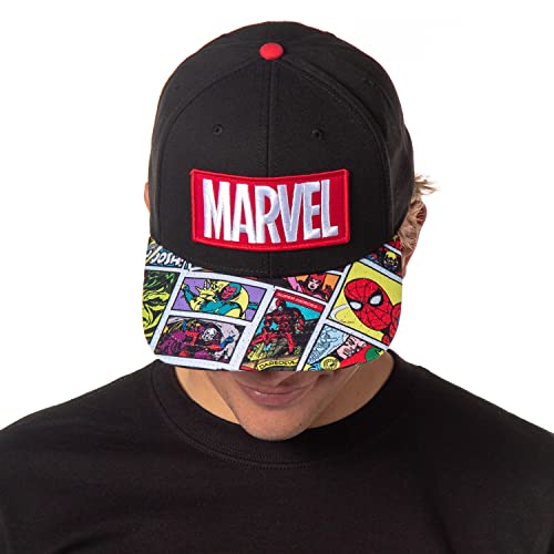 Marvel Hat for Men Vintage Comic Scenes Embroidered Marvel Logo Superhero Snapback Hat Cap Black
