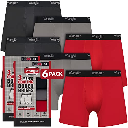 Wrangler - Mens Cooling Boxer Briefs (Small) - Mens Boxer Brief Underwear 6" Inseam for Men Pack of 6 | Comfort Stretch Boxer Briefs for Men- Underwear for Men, Teens & Boys (RED/BLACK/CHARCOAL)