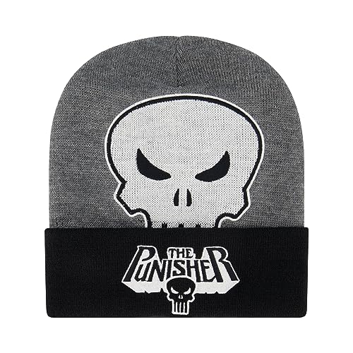 Marvel The Punisher Beanie Hat, LED Light Up Winter Knit Cap with Skull Logo and Cuff, Grey, One Size