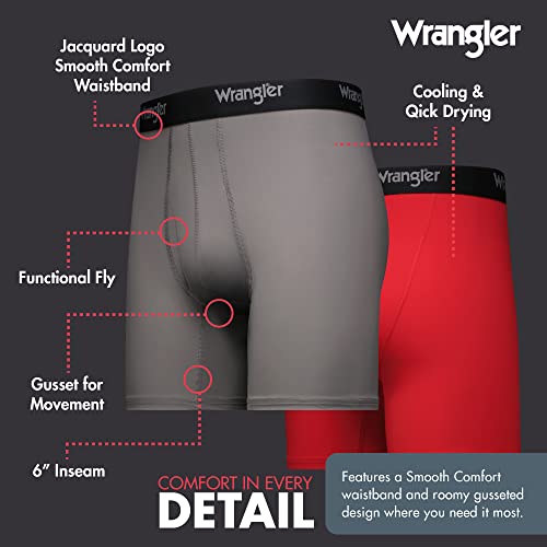 Wrangler - Mens Cooling Boxer Briefs (Small) - Mens Boxer Brief Underwear 6" Inseam for Men Pack of 6 | Comfort Stretch Boxer Briefs for Men- Underwear for Men, Teens & Boys (RED/BLACK/CHARCOAL)