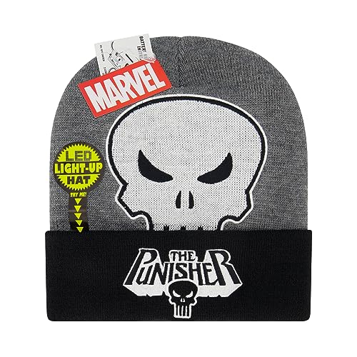 Marvel The Punisher Beanie Hat, LED Light Up Winter Knit Cap with Skull Logo and Cuff, Grey, One Size