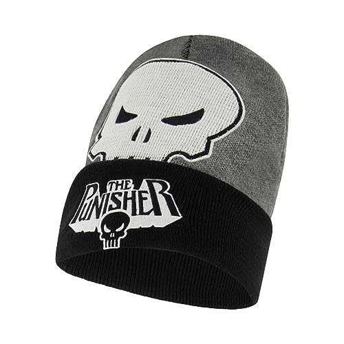 Marvel The Punisher Beanie Hat, LED Light Up Winter Knit Cap with Skull Logo and Cuff, Grey, One Size