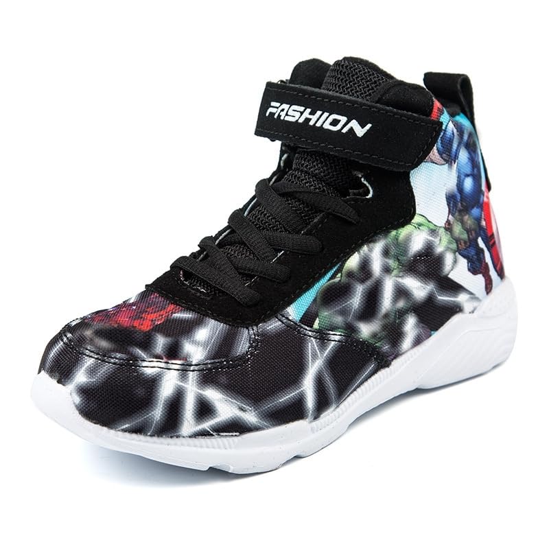 Spyokids Boys' Cartoon Fabric Basketball Shoes Kids High Top Cloth Sneakers Black,1 Big Kid