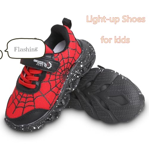 Kids Light Up Sneakers Toddler Boys Girls Spider Breathable Led Flashing Comfortable Running Walking Shoes Red, 7.5 Toddler