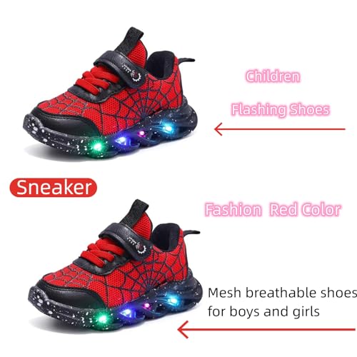 Kids Light Up Sneakers Toddler Boys Girls Spider Breathable Led Flashing Comfortable Running Walking Shoes Red, 7.5 Toddler