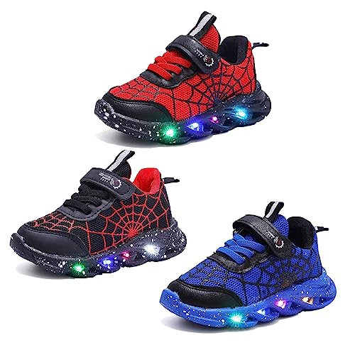 Kids Sneakers Luminous Spider Breathable Light Up Shoes for Boys Girls Running Walking Tennis Red, 8 Toddler