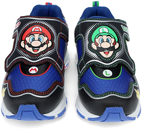 Super Mario Light-Up Running Shoes for Boys, Mario & Luigi Mismatch Sneaker with Hook-and-Loop Strap, Black/Blue, Little Kid Size 12