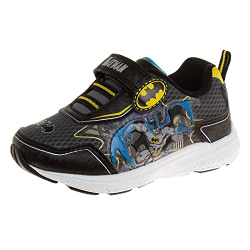 Josmo Boys Batman Sneakers Lightweight Breathable Light up LED - Kids Comics Superhero Slipon Laceless Runner Tennis Shoes - Black/Yellow (Size 7 Toddler)