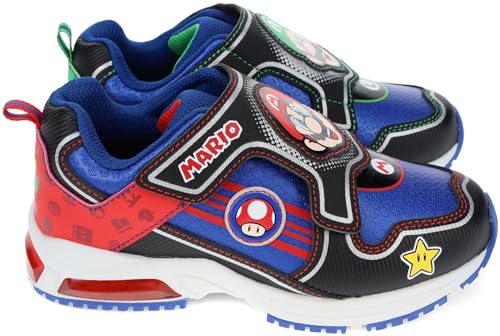 Super Mario Light-Up Running Shoes for Boys, Mario & Luigi Mismatch Sneaker with Hook-and-Loop Strap, Black/Blue, Little Kid Size 12