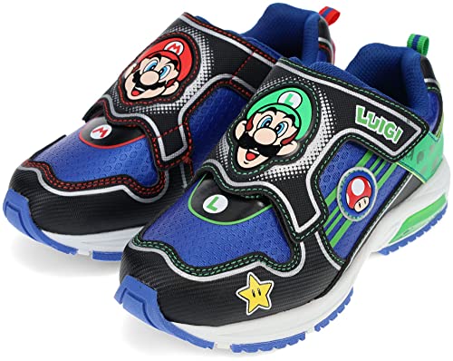 Super Mario Light-Up Running Shoes for Boys, Mario & Luigi Mismatch Sneaker with Hook-and-Loop Strap, Black/Blue, Little Kid Size 12
