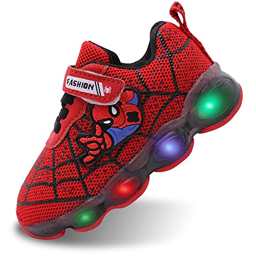 Szsppinnshp Kids Spiderman LED Light Up Shoes Baby Boys Girls Breathable Fashion Flashing Sneaker Athletic Running Shoe Toddler First Walking Sneaker Red