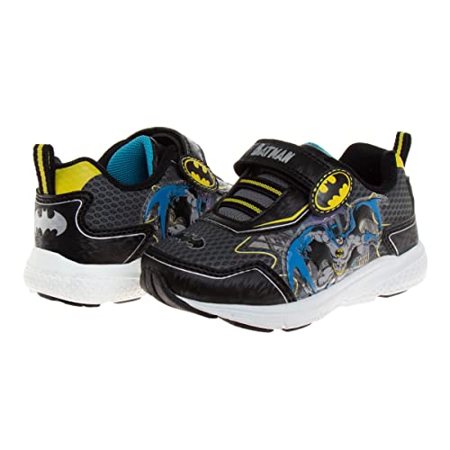 Josmo Boys Batman Sneakers Lightweight Breathable Light up LED - Kids Comics Superhero Slipon Laceless Runner Tennis Shoes - Black/Yellow (Size 7 Toddler)