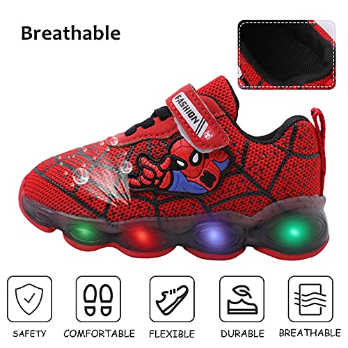 Szsppinnshp Kids Spiderman LED Light Up Shoes Baby Boys Girls Breathable Fashion Flashing Sneaker Athletic Running Shoe Toddler First Walking Sneaker Red