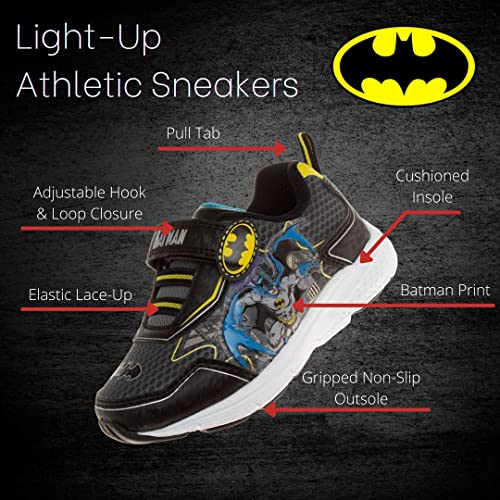 Josmo Boys Batman Sneakers Lightweight Breathable Light up LED - Kids Comics Superhero Slipon Laceless Runner Tennis Shoes - Black/Yellow (Size 7 Toddler)